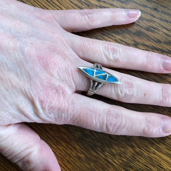 Blue Turquoise Inlay and Silver Ring Zuni Inlay Unisex Style 8.5 - Picture 2 of 9